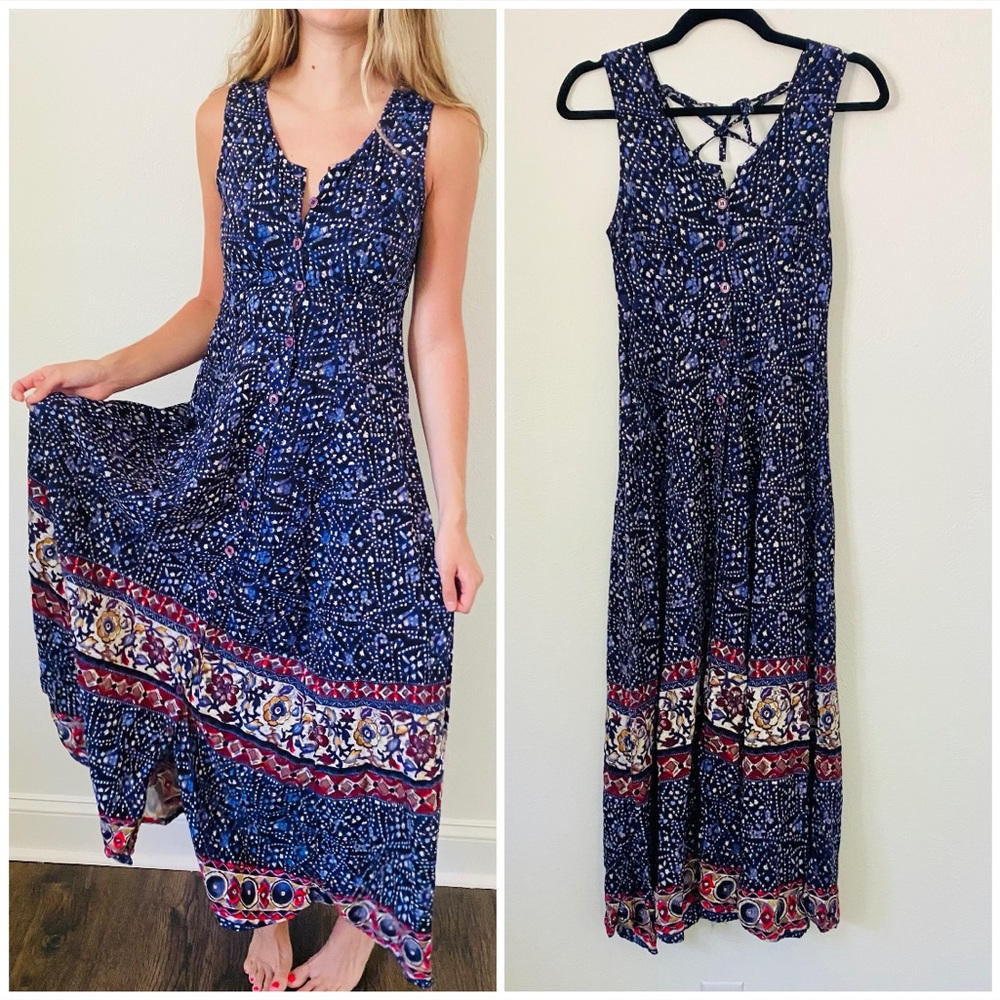 Vintage Regarde! Printed Boho Button Up Strappy Lace Up Maxi Dress
